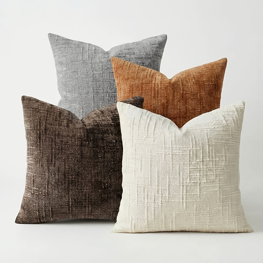 Conjunto de 4 Capas de Almofada Decorativas Boho em Chenille Macio com Textura, 45.72cm*45.72cm, Capas de Almofada Rústicas Lisas com Detalhes, Cores Misturadas, Fecho de Zíper, Tecido, Poliéster, Estilo Aconchegante de Casa de Campo, Lavar à Mão Apenas, Adequado para Primavera, Verão, Outono e Inverno