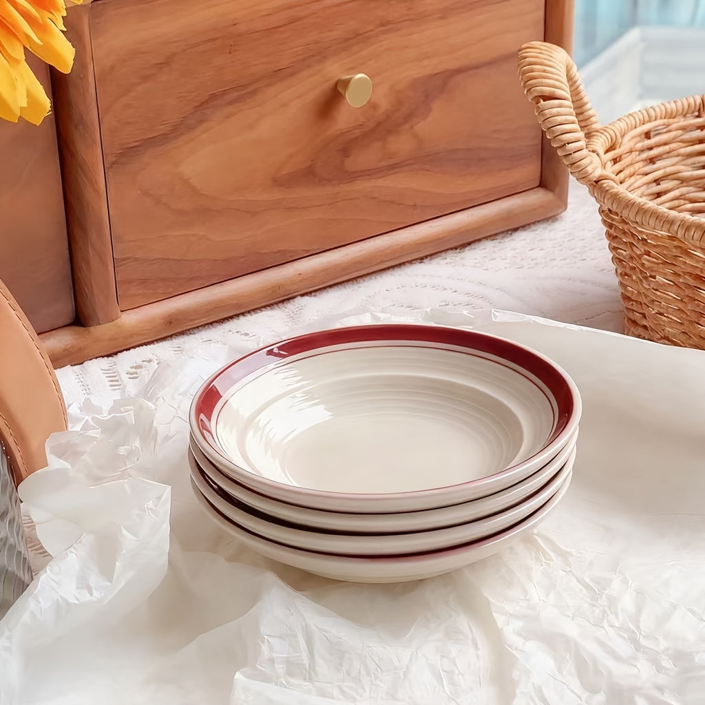 Conjunto de 4 Pratos de Cerâmica às Riscas com Bordas Verdes - Taças de Molho para Imersão de Cor Sólida Fáceis, Pratos de Snacks de 4,5 polegadas, Taças de Sobremesa, Adequadas para Cozinhas Domésticas e Restaurantes, para Servir Condimentos, Marmeladas, Sushi, Ketchup, Churrascos, Festas, Bolos