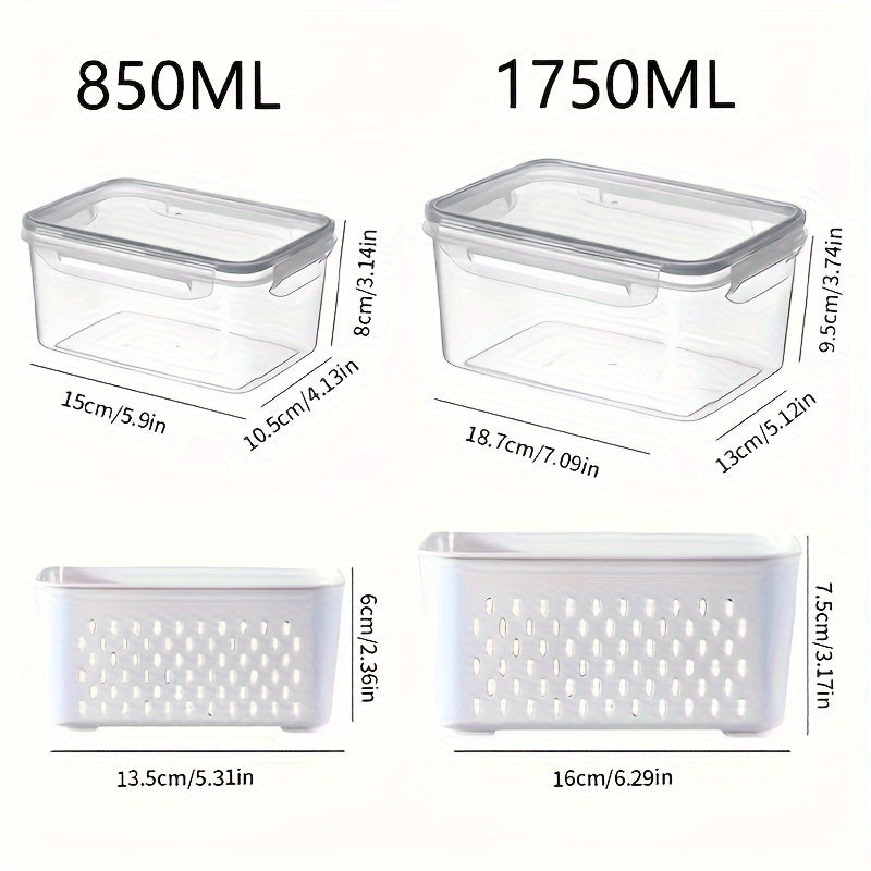 Caixa Grande de Armazenamento de Alimentos Reutilizável 2pçs/4pçs com Tampa Articulada e Cesto de Drenagem - Dupla Camada à Prova de Vazamento Adequada para Carne, Frutas, Legumes, Recipiente de Plástico Empilhável para Despensa, Geladeira, Organização de Cozinha, Recipiente Selado de Grande