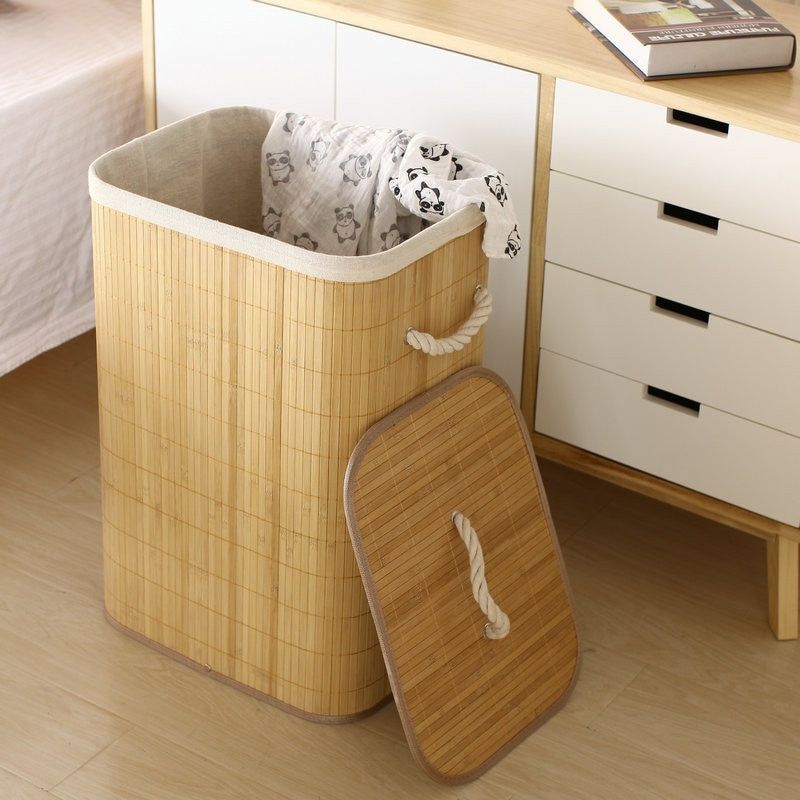 Cesto de Roupa Suja 72 LITROS Lavanderia Bambu c/ Tampa Retangular Forrado Quarto Banheiro Dobrável