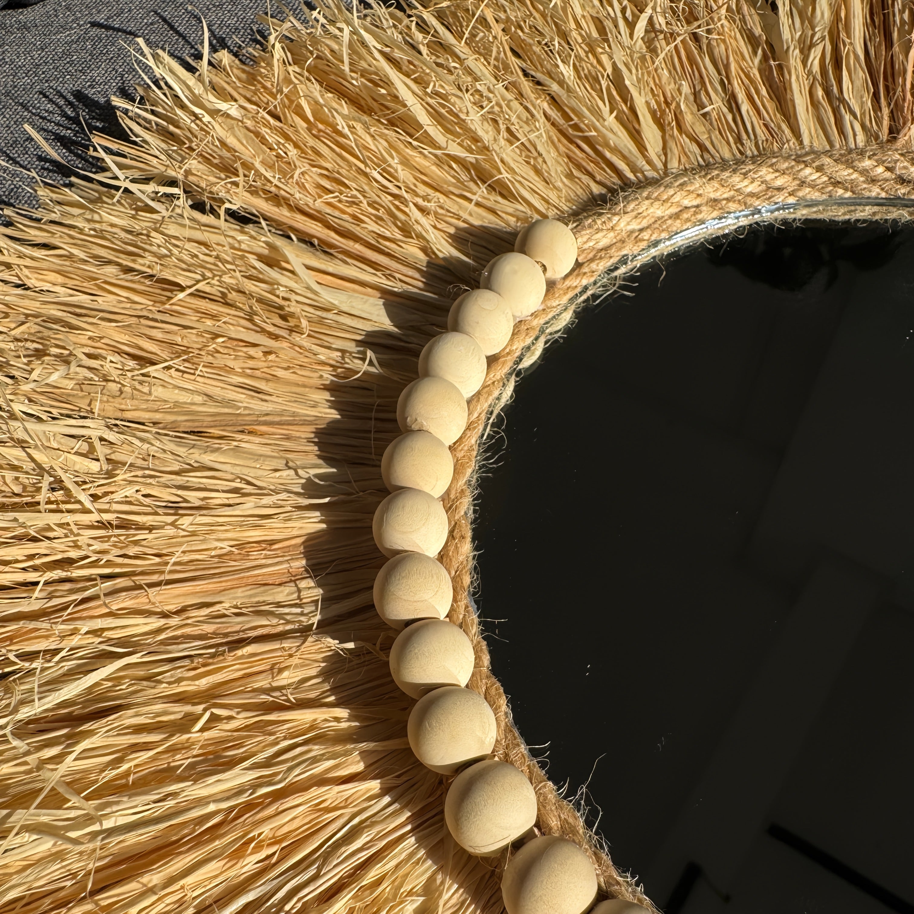 1 Peça Espelho de Parede de Ráfia e Contas de Madeira, Decoração de Alta Qualidade para Casa, Ornamento Artesanal Estilo Boêmio, Minimalista para Sala ou Quarto