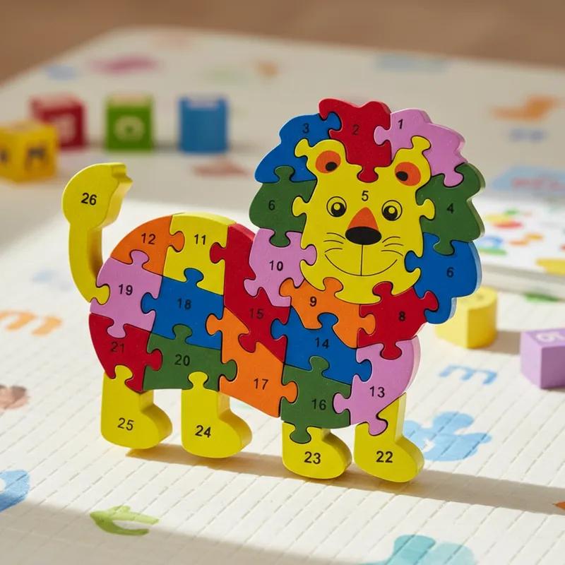 Quebra-cabeça Madeira Infantil Educativo Montessori Animais C/ 26 Peças Numeradas Brinquedo Didático