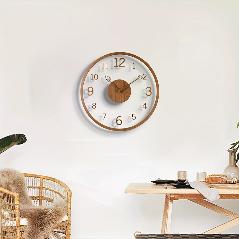 1 peça de um relógio flutuante transparente e minimalista com uma mão criativa em forma de folha, projetado com uma extremidade em grão de madeira. Funciona em silêncio sem tic-tac, tornando-o ideal para decorar o seu sala de estar, quarto, cozinha, escritório.
