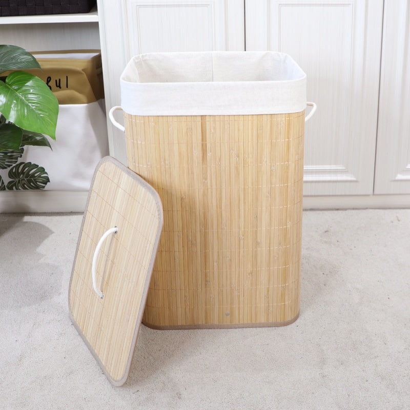 Cesto de Roupa Suja 72 LITROS Lavanderia Bambu c/ Tampa Retangular Forrado Quarto Banheiro Dobrável