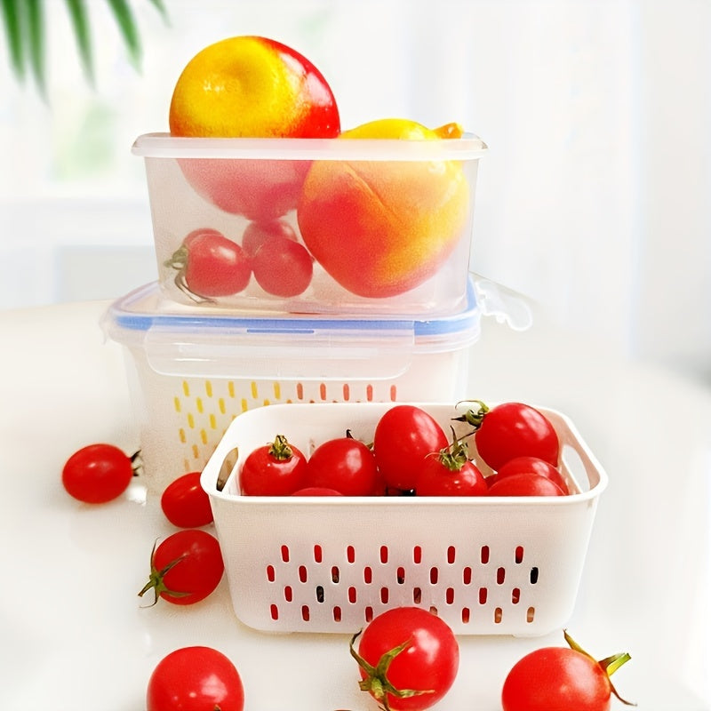 Caixa Grande de Armazenamento de Alimentos Reutilizável 2pçs/4pçs com Tampa Articulada e Cesto de Drenagem - Dupla Camada à Prova de Vazamento Adequada para Carne, Frutas, Legumes, Recipiente de Plástico Empilhável para Despensa, Geladeira, Organização de Cozinha, Recipiente Selado de Grande