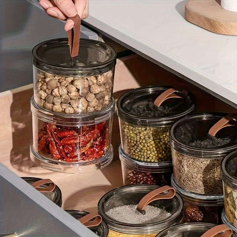 Caixa de Temperos Redonda de Três Andares de Mão, Recipiente Multicamadas para Conservação de Alimentos, Pote Transparente Hermético, Recipiente de Armazenamento de Grau Alimentício. Adequado para Grãos, Cereais, Lanches e Especiarias. Adequado para Armazenamento em Geladeira e Bancada, Organização