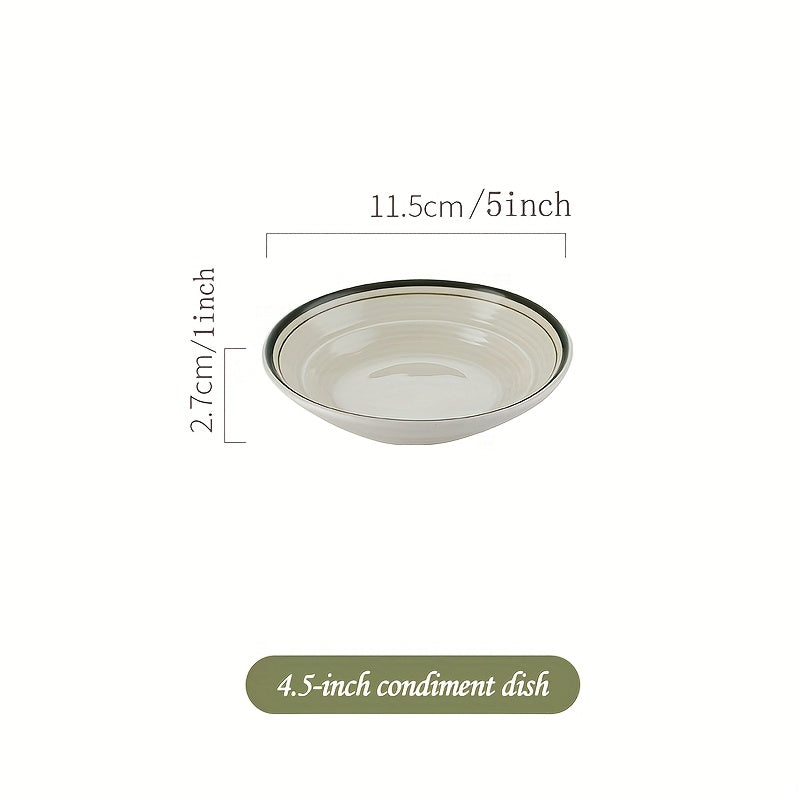 Conjunto de 4 Pratos de Cerâmica às Riscas com Bordas Verdes - Taças de Molho para Imersão de Cor Sólida Fáceis, Pratos de Snacks de 4,5 polegadas, Taças de Sobremesa, Adequadas para Cozinhas Domésticas e Restaurantes, para Servir Condimentos, Marmeladas, Sushi, Ketchup, Churrascos, Festas, Bolos