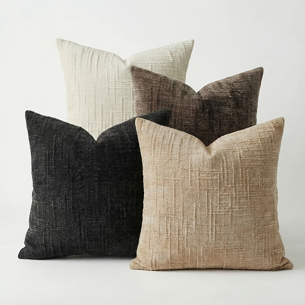 Conjunto de 4 Capas de Almofada Decorativas Boho em Chenille Macio com Textura, 45.72cm*45.72cm, Capas de Almofada Rústicas Lisas com Detalhes, Cores Misturadas, Fecho de Zíper, Tecido, Poliéster, Estilo Aconchegante de Casa de Campo, Lavar à Mão Apenas, Adequado para Primavera, Verão, Outono e Inverno