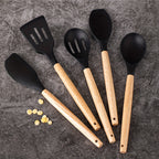 Conjunto de 5 peças, Conjunto de Utensílios de Cozinha em Silicone, Conjunto de Ferramentas de Cozinha para Cozinhar de Forma Segura, Conjunto de Utensílios Antiaderentes com Cabos de Madeira, Utensílios de Cozinha Modernos Laváveis, Acessórios de Cozinha, Gadgets de Cozinha, Adições Essenciais para a Cozinha