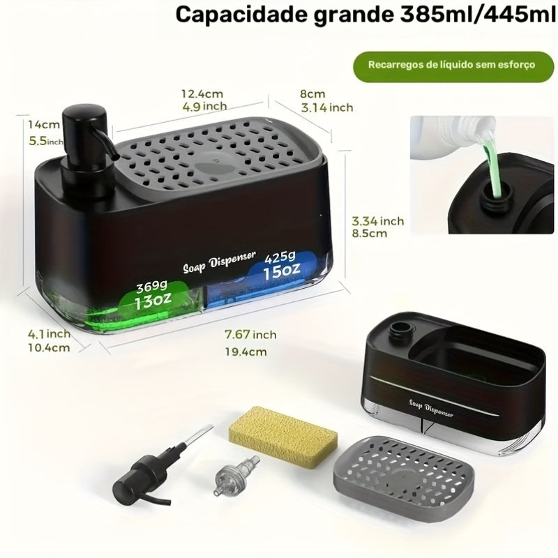 Dispensador de Sabão Preto Moderno com Design Elegante e Detalhes Coloridos para Casa de Banho e Cozinha - Caixa de Armazenamento de Bancada Chique com Suporte de Esponja Incorporado, Sem Ftalatos, Operação Manual, Perfeito para Sabão de Louça e Lavagem de Mãos