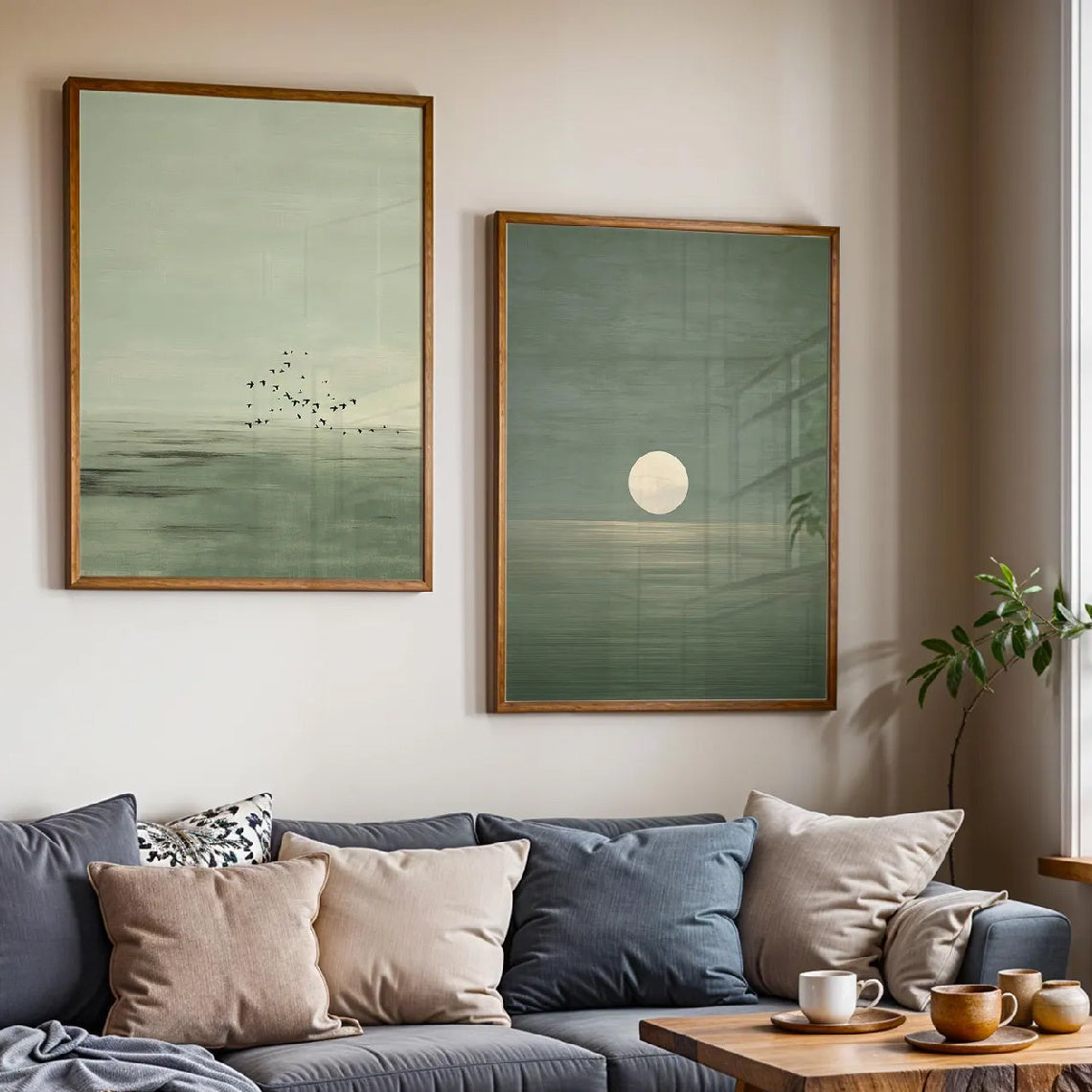 Conjunto de 2, Estampa Minimalista Verde Salva Pôr do Sol | Decoração Zen Escandinava, Obra de Arte de Paisagem Abstrata, Arte de Parede Boho em Tons Terra, Adequado para Quarto, Decoração de Sala de Estar, Presente de Inauguração, Sem Moldura