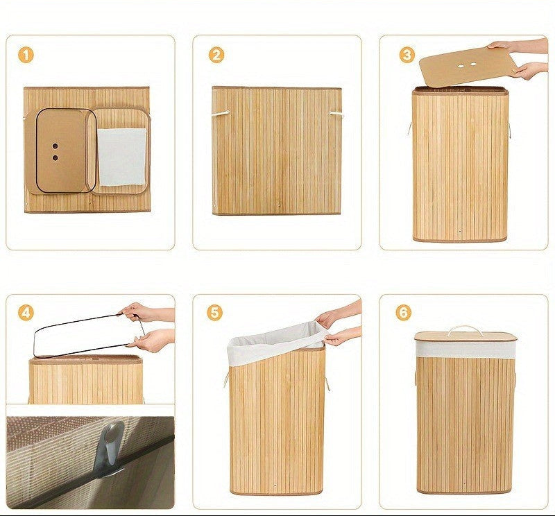 Cesto de Roupa Suja 72 LITROS Lavanderia Bambu c/ Tampa Retangular Forrado Quarto Banheiro Dobrável