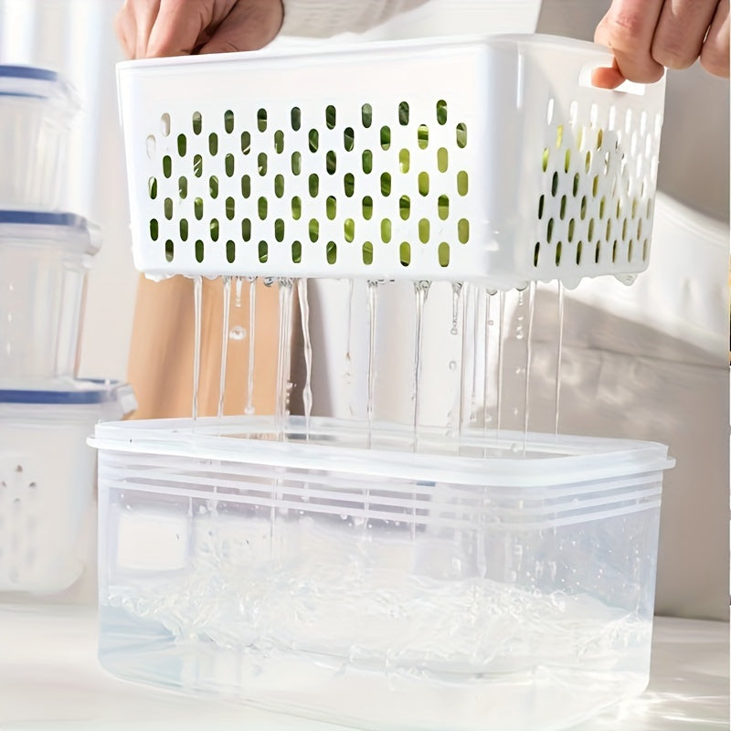 Caixa Grande de Armazenamento de Alimentos Reutilizável 2pçs/4pçs com Tampa Articulada e Cesto de Drenagem - Dupla Camada à Prova de Vazamento Adequada para Carne, Frutas, Legumes, Recipiente de Plástico Empilhável para Despensa, Geladeira, Organização de Cozinha, Recipiente Selado de Grande