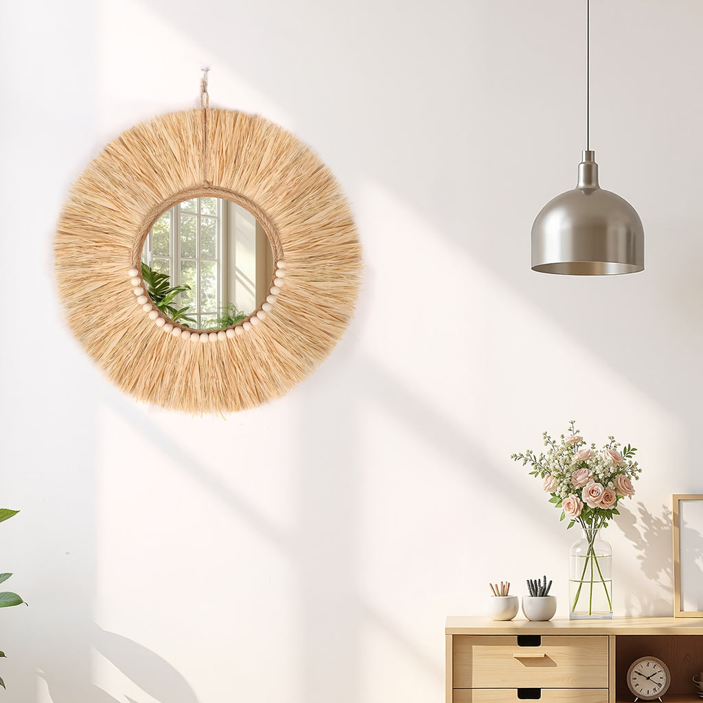 1 Peça Espelho de Parede de Ráfia e Contas de Madeira, Decoração de Alta Qualidade para Casa, Ornamento Artesanal Estilo Boêmio, Minimalista para Sala ou Quarto