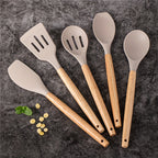 Conjunto de 5 peças, Conjunto de Utensílios de Cozinha em Silicone, Conjunto de Ferramentas de Cozinha para Cozinhar de Forma Segura, Conjunto de Utensílios Antiaderentes com Cabos de Madeira, Utensílios de Cozinha Modernos Laváveis, Acessórios de Cozinha, Gadgets de Cozinha, Adições Essenciais para a Cozinha