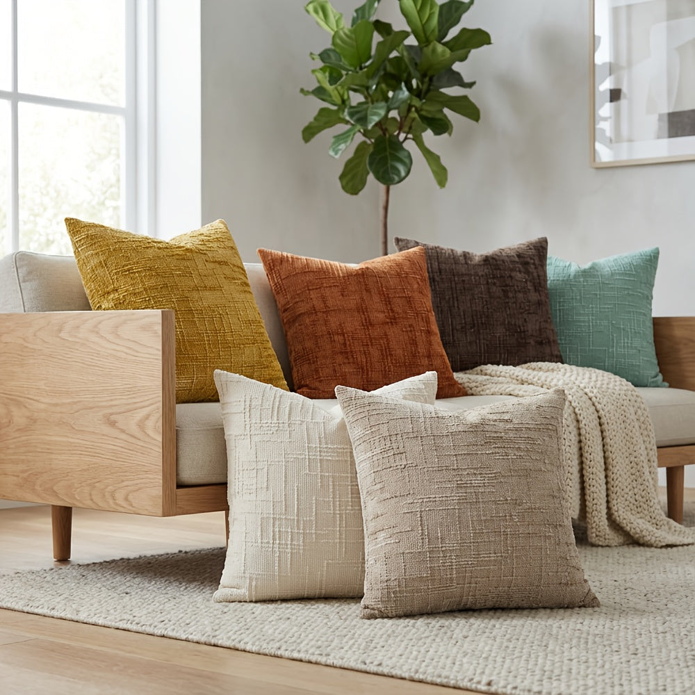 Conjunto de 4 Capas de Almofada Decorativas Boho em Chenille Macio com Textura, 45.72cm*45.72cm, Capas de Almofada Rústicas Lisas com Detalhes, Cores Misturadas, Fecho de Zíper, Tecido, Poliéster, Estilo Aconchegante de Casa de Campo, Lavar à Mão Apenas, Adequado para Primavera, Verão, Outono e Inverno