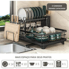 Suporte de Pratos de Aço Carbono de Dois Níveis 2025 com Sistema de Drenagem, Porta-Talheres e Gancho para Copos - Organizador de Cozinha Moderno Preto que Economiza Espaço com Prateleira de Armazenamento Inferior, Suporte de Secagem de Pratos para Bancada, Design Robusto em Forma de A, Não Requer Eletricidade, Acabamento Preto Elegante, Durável e Fácil de Montar, Ideal para Cozinhas Pequenas - Escorredor de Pratos e Prateleira de Armazenamento em Um, Suportes de Pratos para Secagem, Suporte ...