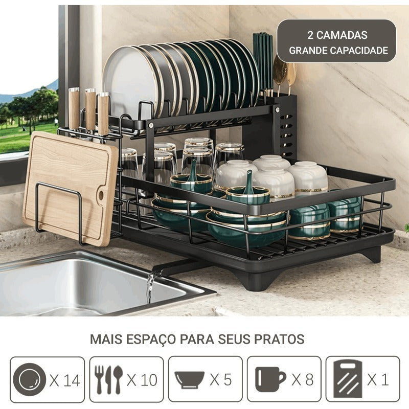 Suporte de Pratos de Aço Carbono de Dois Níveis 2025 com Sistema de Drenagem, Porta-Talheres e Gancho para Copos - Organizador de Cozinha Moderno Preto que Economiza Espaço com Prateleira de Armazenamento Inferior, Suporte de Secagem de Pratos para Bancada, Design Robusto em Forma de A, Não Requer Eletricidade, Acabamento Preto Elegante, Durável e Fácil de Montar, Ideal para Cozinhas Pequenas - Escorredor de Pratos e Prateleira de Armazenamento em Um, Suportes de Pratos para Secagem, Suporte ...