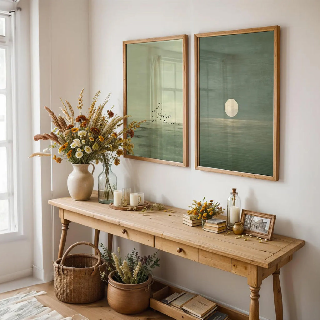 Conjunto de 2, Estampa Minimalista Verde Salva Pôr do Sol | Decoração Zen Escandinava, Obra de Arte de Paisagem Abstrata, Arte de Parede Boho em Tons Terra, Adequado para Quarto, Decoração de Sala de Estar, Presente de Inauguração, Sem Moldura