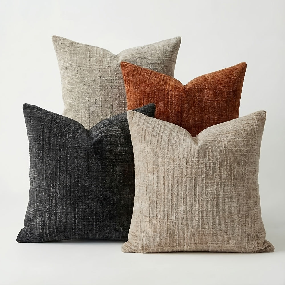 Conjunto de 4 Capas de Almofada Decorativas Boho em Chenille Macio com Textura, 45.72cm*45.72cm, Capas de Almofada Rústicas Lisas com Detalhes, Cores Misturadas, Fecho de Zíper, Tecido, Poliéster, Estilo Aconchegante de Casa de Campo, Lavar à Mão Apenas, Adequado para Primavera, Verão, Outono e Inverno