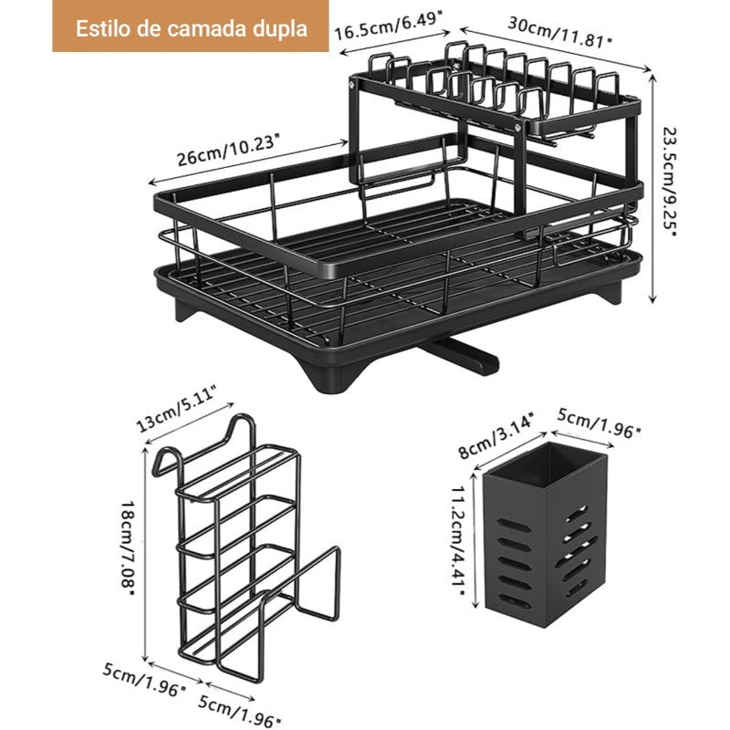 Suporte de Pratos de Aço Carbono de Dois Níveis 2025 com Sistema de Drenagem, Porta-Talheres e Gancho para Copos - Organizador de Cozinha Moderno Preto que Economiza Espaço com Prateleira de Armazenamento Inferior, Suporte de Secagem de Pratos para Bancada, Design Robusto em Forma de A, Não Requer Eletricidade, Acabamento Preto Elegante, Durável e Fácil de Montar, Ideal para Cozinhas Pequenas - Escorredor de Pratos e Prateleira de Armazenamento em Um, Suportes de Pratos para Secagem, Suporte ...