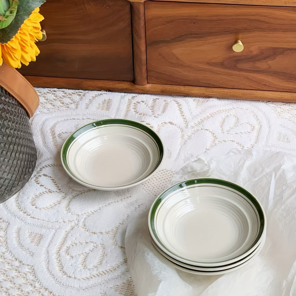 Conjunto de 4 Pratos de Cerâmica às Riscas com Bordas Verdes - Taças de Molho para Imersão de Cor Sólida Fáceis, Pratos de Snacks de 4,5 polegadas, Taças de Sobremesa, Adequadas para Cozinhas Domésticas e Restaurantes, para Servir Condimentos, Marmeladas, Sushi, Ketchup, Churrascos, Festas, Bolos
