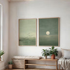 Conjunto de 2, Estampa Minimalista Verde Salva Pôr do Sol | Decoração Zen Escandinava, Obra de Arte de Paisagem Abstrata, Arte de Parede Boho em Tons Terra, Adequado para Quarto, Decoração de Sala de Estar, Presente de Inauguração, Sem Moldura