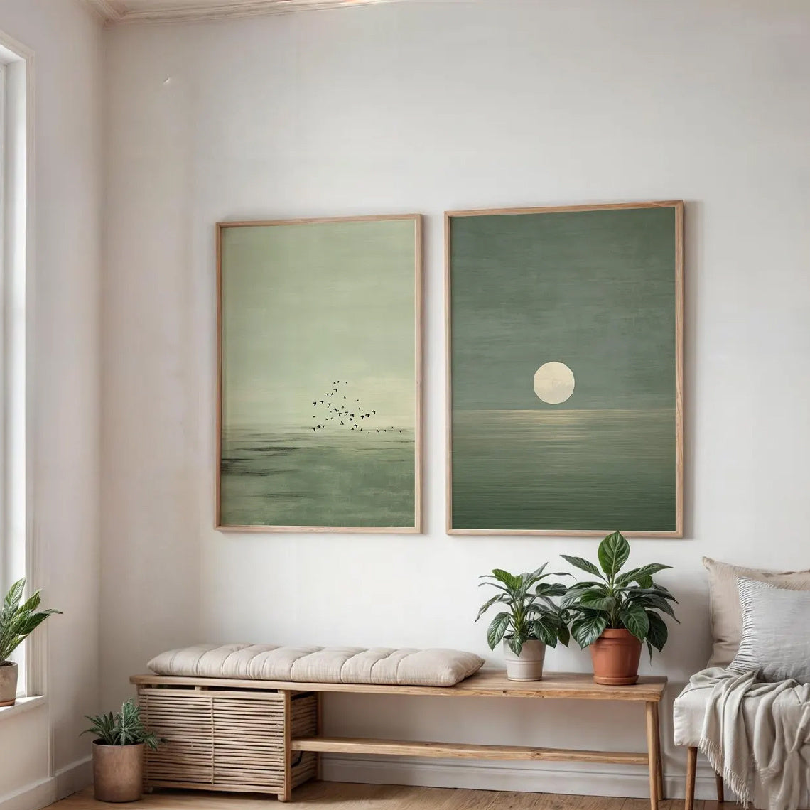Conjunto de 2, Estampa Minimalista Verde Salva Pôr do Sol | Decoração Zen Escandinava, Obra de Arte de Paisagem Abstrata, Arte de Parede Boho em Tons Terra, Adequado para Quarto, Decoração de Sala de Estar, Presente de Inauguração, Sem Moldura