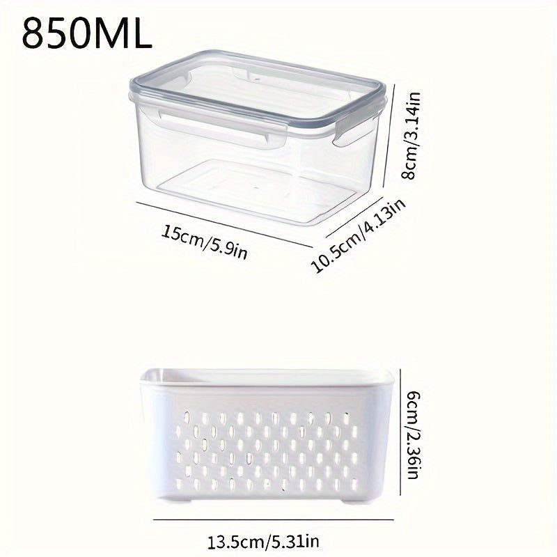 Caixa Grande de Armazenamento de Alimentos Reutilizável 2pçs/4pçs com Tampa Articulada e Cesto de Drenagem - Dupla Camada à Prova de Vazamento Adequada para Carne, Frutas, Legumes, Recipiente de Plástico Empilhável para Despensa, Geladeira, Organização de Cozinha, Recipiente Selado de Grande