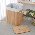 Cesto de Roupa Suja 72 LITROS Lavanderia Bambu c/ Tampa Retangular Forrado Quarto Banheiro Dobrável