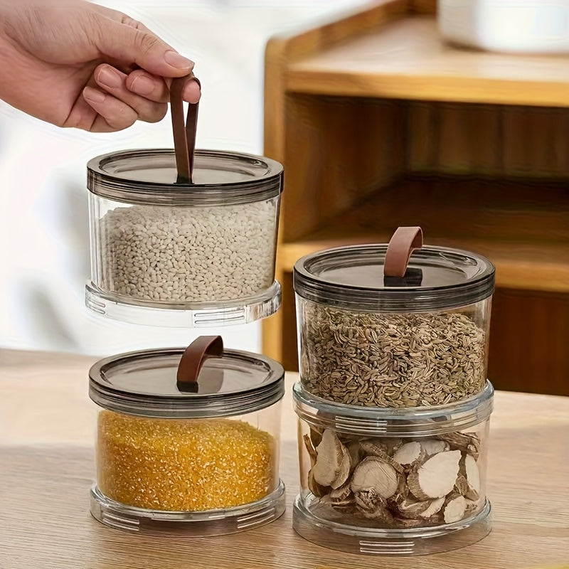 Caixa de Temperos Redonda de Três Andares de Mão, Recipiente Multicamadas para Conservação de Alimentos, Pote Transparente Hermético, Recipiente de Armazenamento de Grau Alimentício. Adequado para Grãos, Cereais, Lanches e Especiarias. Adequado para Armazenamento em Geladeira e Bancada, Organização