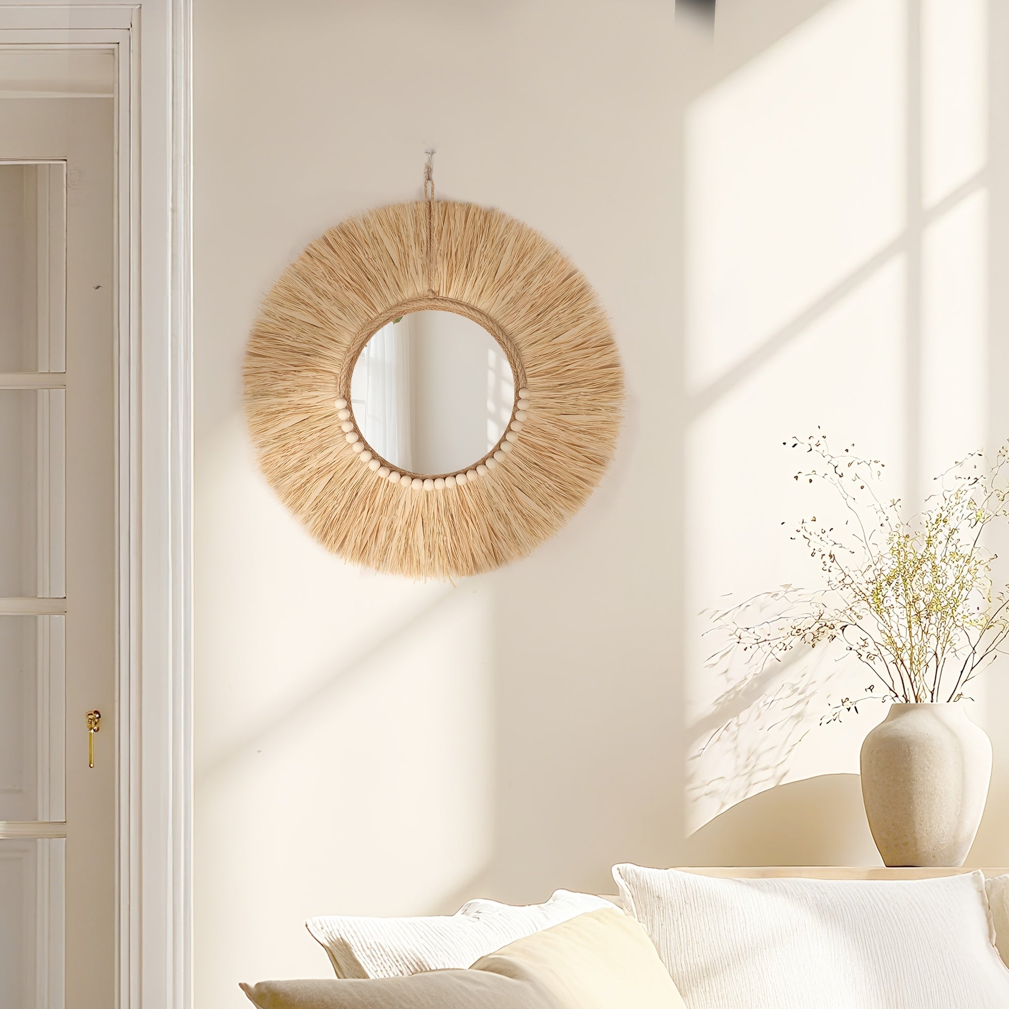 1 Peça Espelho de Parede de Ráfia e Contas de Madeira, Decoração de Alta Qualidade para Casa, Ornamento Artesanal Estilo Boêmio, Minimalista para Sala ou Quarto