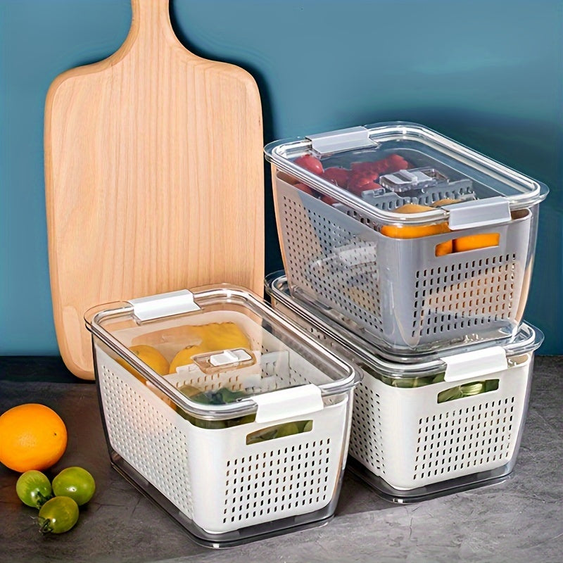 Caixa Grande de Armazenamento de Alimentos Reutilizável 2pçs/4pçs com Tampa Articulada e Cesto de Drenagem - Dupla Camada à Prova de Vazamento Adequada para Carne, Frutas, Legumes, Recipiente de Plástico Empilhável para Despensa, Geladeira, Organização de Cozinha, Recipiente Selado de Grande