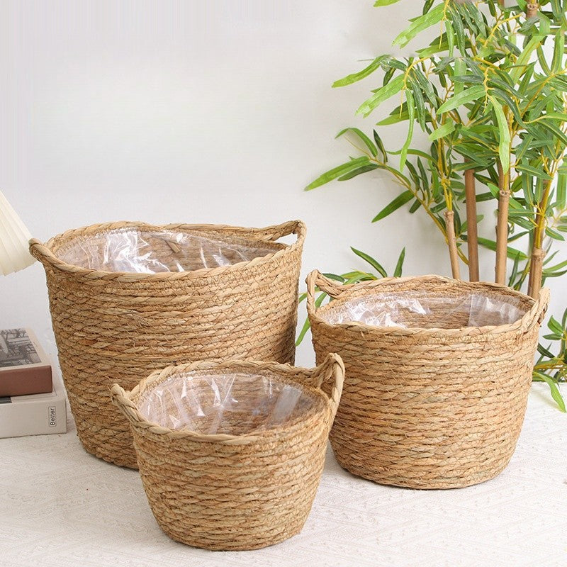 Cesto Cachepot de Palha Natural Com Forro De Plástico Para Vaso