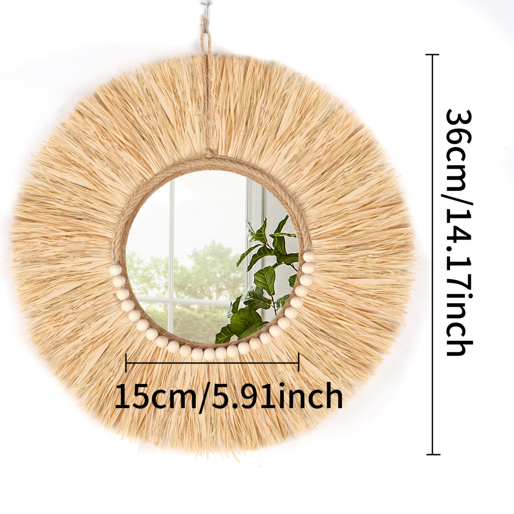 1 Peça Espelho de Parede de Ráfia e Contas de Madeira, Decoração de Alta Qualidade para Casa, Ornamento Artesanal Estilo Boêmio, Minimalista para Sala ou Quarto