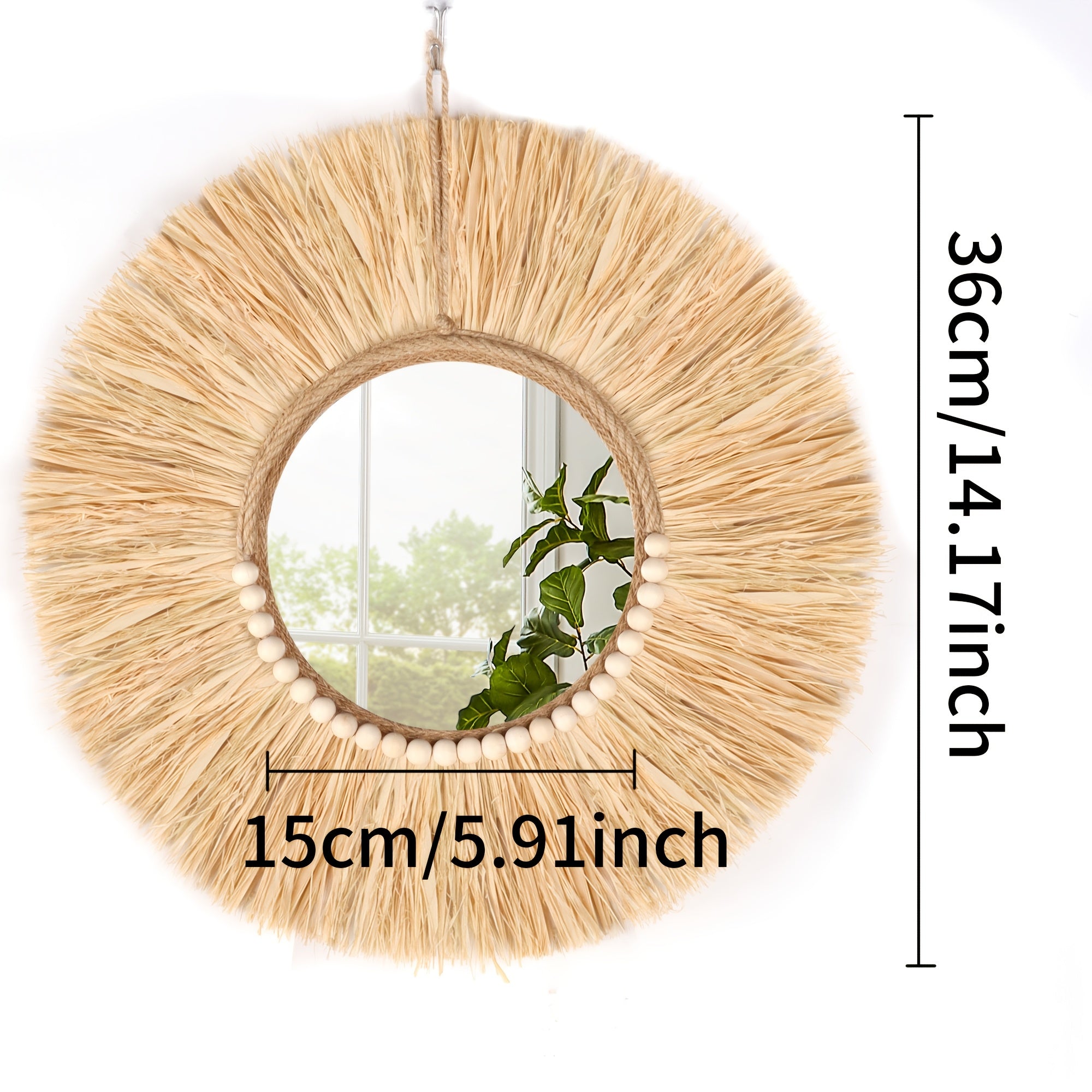 1 Peça Espelho de Parede de Ráfia e Contas de Madeira, Decoração de Alta Qualidade para Casa, Ornamento Artesanal Estilo Boêmio, Minimalista para Sala ou Quarto