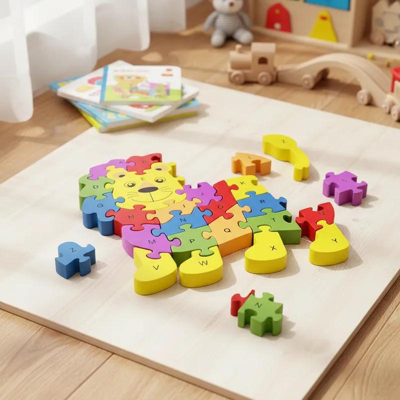 Quebra-cabeça Madeira Infantil Educativo Montessori Animais C/ 26 Peças Numeradas Brinquedo Didático