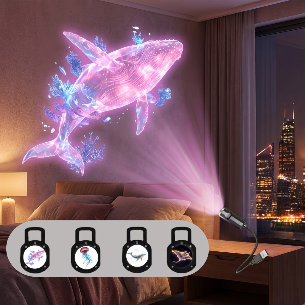 Projetor Portátil USB de Vida Marinha para Luz Noturna - Lâmpada Ambiente LED com Slides de Imagens Oceânicas Intercambiáveis (Baleia, Água-viva, Golfinho, Tartaruga) - Luz Noturna LED Romântica para Quarto, Sala de Estar, Teto do Carro - Decoração Criativa & Presente