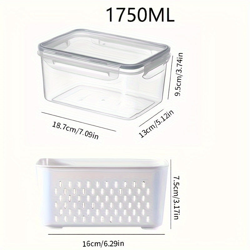 Caixa Grande de Armazenamento de Alimentos Reutilizável 2pçs/4pçs com Tampa Articulada e Cesto de Drenagem - Dupla Camada à Prova de Vazamento Adequada para Carne, Frutas, Legumes, Recipiente de Plástico Empilhável para Despensa, Geladeira, Organização de Cozinha, Recipiente Selado de Grande