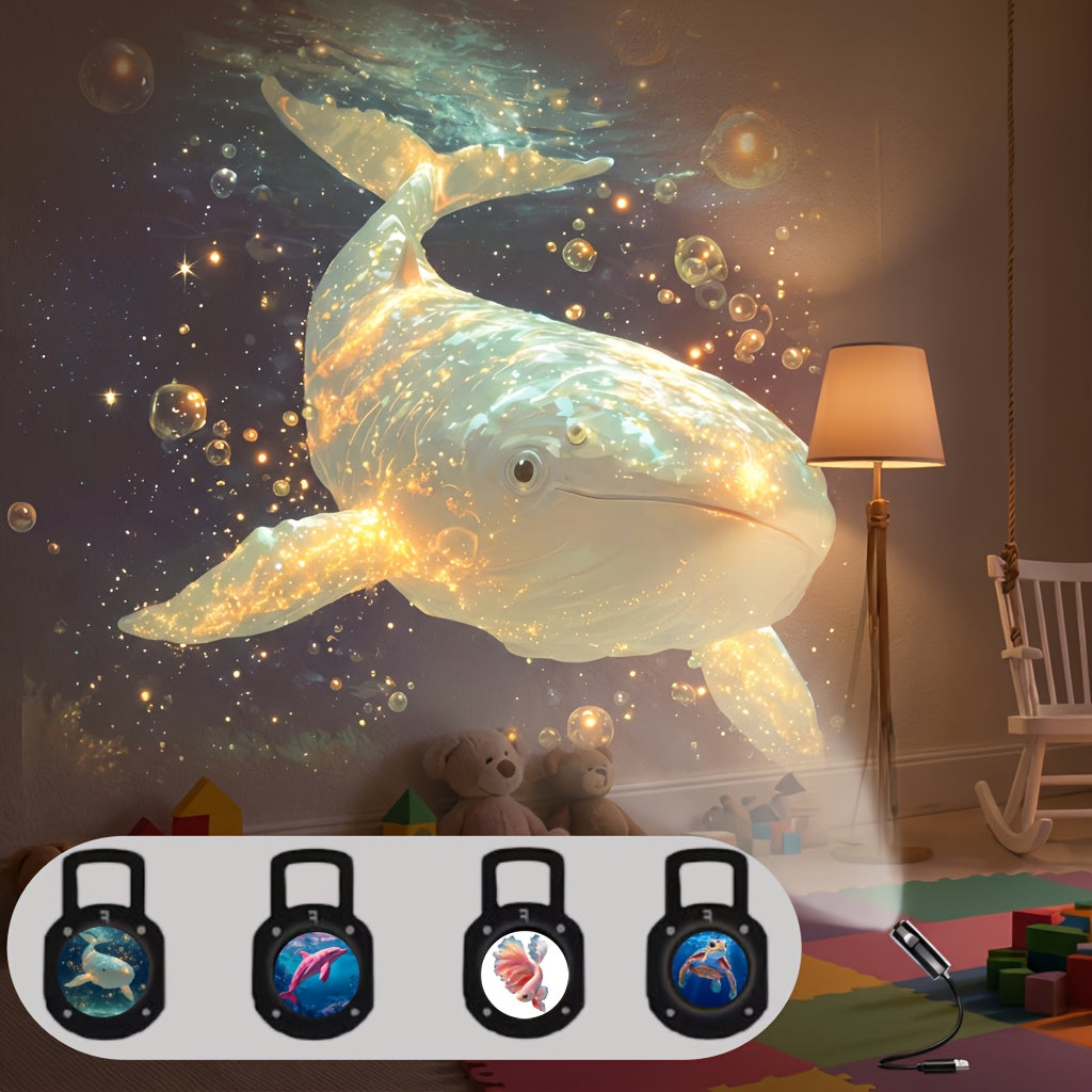 Projetor Portátil USB de Vida Marinha para Luz Noturna - Lâmpada Ambiente LED com Slides de Imagens Oceânicas Intercambiáveis (Baleia, Água-viva, Golfinho, Tartaruga) - Luz Noturna LED Romântica para Quarto, Sala de Estar, Teto do Carro - Decoração Criativa & Presente