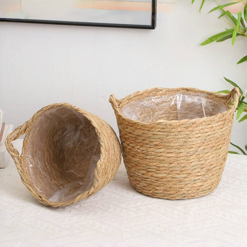 Cesto Cachepot de Palha Natural Com Forro De Plástico Para Vaso