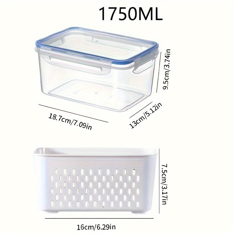 Caixa Grande de Armazenamento de Alimentos Reutilizável 2pçs/4pçs com Tampa Articulada e Cesto de Drenagem - Dupla Camada à Prova de Vazamento Adequada para Carne, Frutas, Legumes, Recipiente de Plástico Empilhável para Despensa, Geladeira, Organização de Cozinha, Recipiente Selado de Grande