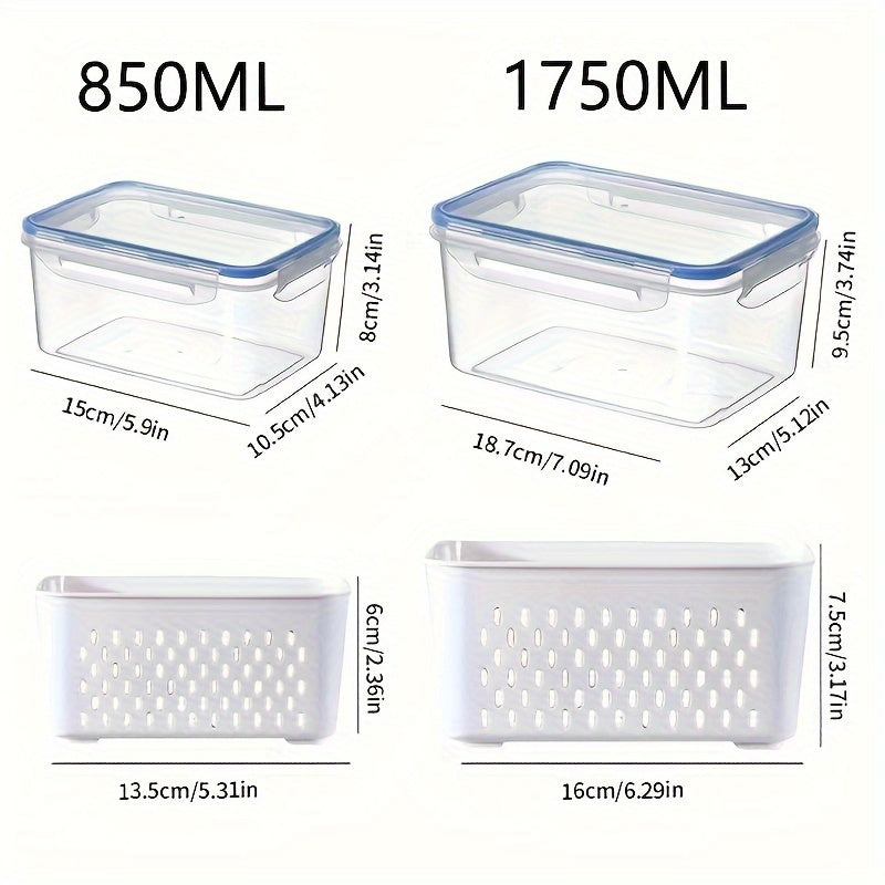 Caixa Grande de Armazenamento de Alimentos Reutilizável 2pçs/4pçs com Tampa Articulada e Cesto de Drenagem - Dupla Camada à Prova de Vazamento Adequada para Carne, Frutas, Legumes, Recipiente de Plástico Empilhável para Despensa, Geladeira, Organização de Cozinha, Recipiente Selado de Grande