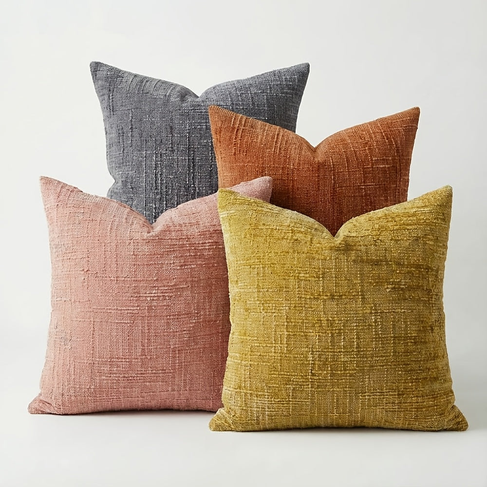Conjunto de 4 Capas de Almofada Decorativas Boho em Chenille Macio com Textura, 45.72cm*45.72cm, Capas de Almofada Rústicas Lisas com Detalhes, Cores Misturadas, Fecho de Zíper, Tecido, Poliéster, Estilo Aconchegante de Casa de Campo, Lavar à Mão Apenas, Adequado para Primavera, Verão, Outono e Inverno