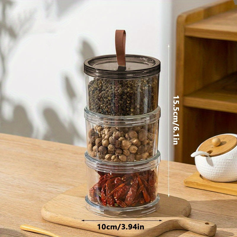 Caixa de Temperos Redonda de Três Andares de Mão, Recipiente Multicamadas para Conservação de Alimentos, Pote Transparente Hermético, Recipiente de Armazenamento de Grau Alimentício. Adequado para Grãos, Cereais, Lanches e Especiarias. Adequado para Armazenamento em Geladeira e Bancada, Organização