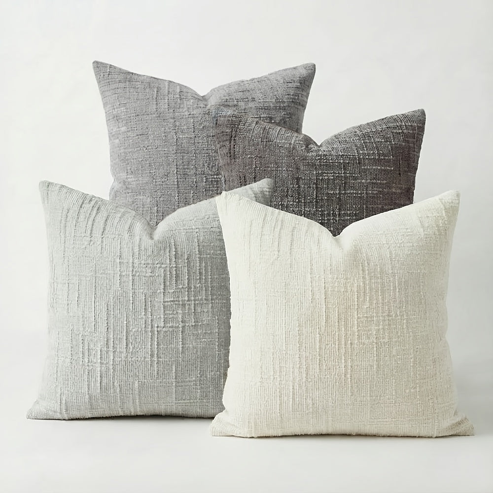 Conjunto de 4 Capas de Almofada Decorativas Boho em Chenille Macio com Textura, 45.72cm*45.72cm, Capas de Almofada Rústicas Lisas com Detalhes, Cores Misturadas, Fecho de Zíper, Tecido, Poliéster, Estilo Aconchegante de Casa de Campo, Lavar à Mão Apenas, Adequado para Primavera, Verão, Outono e Inverno