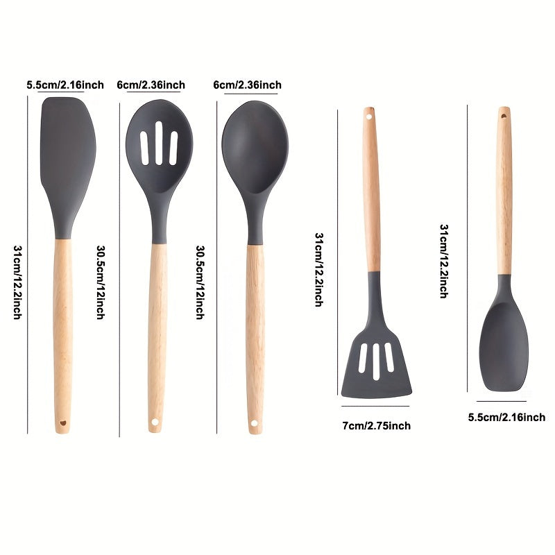 Conjunto de 5 peças, Conjunto de Utensílios de Cozinha em Silicone, Conjunto de Ferramentas de Cozinha para Cozinhar de Forma Segura, Conjunto de Utensílios Antiaderentes com Cabos de Madeira, Utensílios de Cozinha Modernos Laváveis, Acessórios de Cozinha, Gadgets de Cozinha, Adições Essenciais para a Cozinha