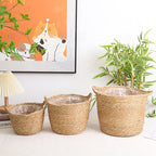 Cesto Cachepot de Palha Natural Com Forro De Plástico Para Vaso