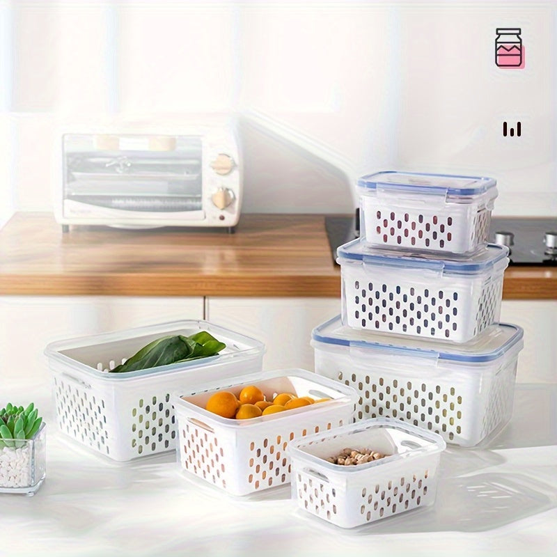 Caixa Grande de Armazenamento de Alimentos Reutilizável 2pçs/4pçs com Tampa Articulada e Cesto de Drenagem - Dupla Camada à Prova de Vazamento Adequada para Carne, Frutas, Legumes, Recipiente de Plástico Empilhável para Despensa, Geladeira, Organização de Cozinha, Recipiente Selado de Grande