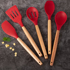 Conjunto de 5 peças, Conjunto de Utensílios de Cozinha em Silicone, Conjunto de Ferramentas de Cozinha para Cozinhar de Forma Segura, Conjunto de Utensílios Antiaderentes com Cabos de Madeira, Utensílios de Cozinha Modernos Laváveis, Acessórios de Cozinha, Gadgets de Cozinha, Adições Essenciais para a Cozinha